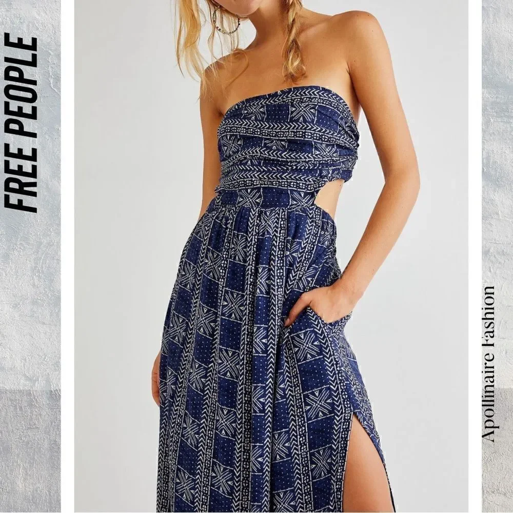 FREE PEOPLE PEYTON MAXI DRESS SIDE SLITS IN NAVY COMBO NWOT LARGE